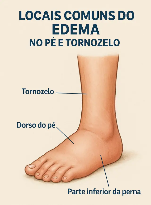Ilustração mostrando os locais mais comuns de edema no pé e tornozelo: dorso do pé, tornozelo e parte inferior da perna.