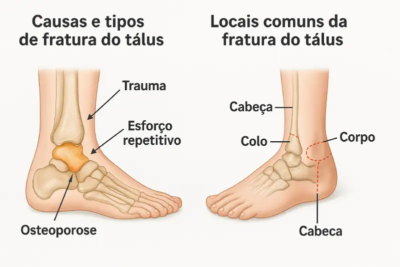 Ilustração mostrando os locais mais comuns de fratura do tálus: colo, corpo, cabeça e processos lateral e posterior.